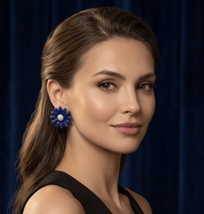 Blue Flowers - 10.8 carat mystery setting Sapphire .925 Sterling Silver handmade Statement Earrings - Side view of Blue Flowers sapphire earrings worn by model.