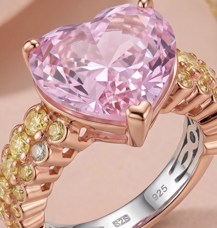 Angel's Heart 10.2 carat Pink Sapphire .925 Sterling Silver dipped in Rhodium plated with 18k Rose Gold Handcrafted Statement Ring size 6 3/4 - Close-up of pink sapphire heart ring on sterling silver band.