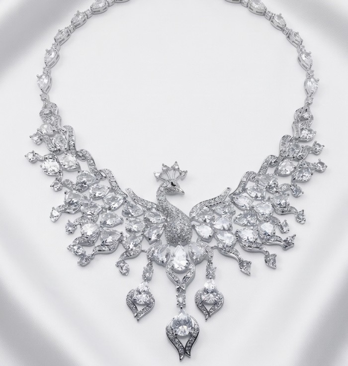 55.2 carat Graceful Swan Natural White Topaz rhodium over .925 Sterling Silver handcrafted Statement necklace - Graceful swan necklace front view with natural white topaz stones