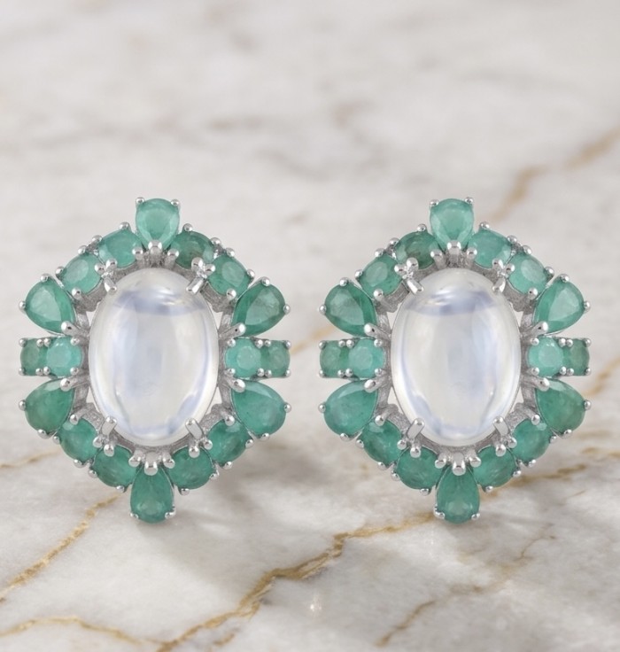 Rosemary - Top quality 27.2 carat Brazilian Rose Quartz .925 Sterling Silver dipped in rhodium Handcrafted Statement earrings - Close-up of Rosemary earrings with rose quartz and green gemstones.