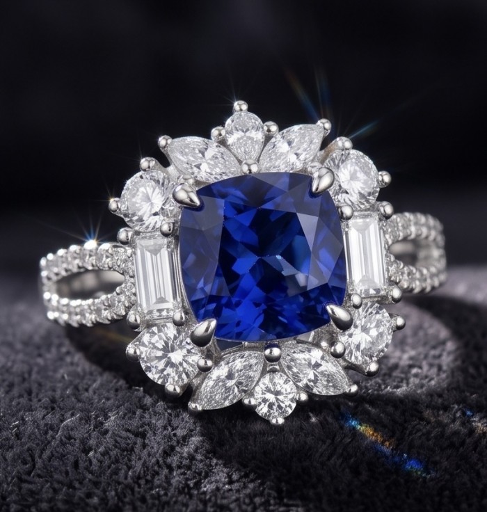 Classy design - princess cut 3.2 carat natural Sapphire .925 Sterling Silver Perfectly handcrafted Ring s. 7 1/2 - Close-up of a sapphire ring with diamond accents.