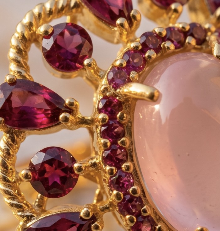 Ramona - Top quality 24.2 carat Brazilian Rose Quartz .925 Sterling Silver dipped in 18K Gold Handcrafted Ring size 6 - Close-up of Ramona jewelry with rose quartz and red gemstones.