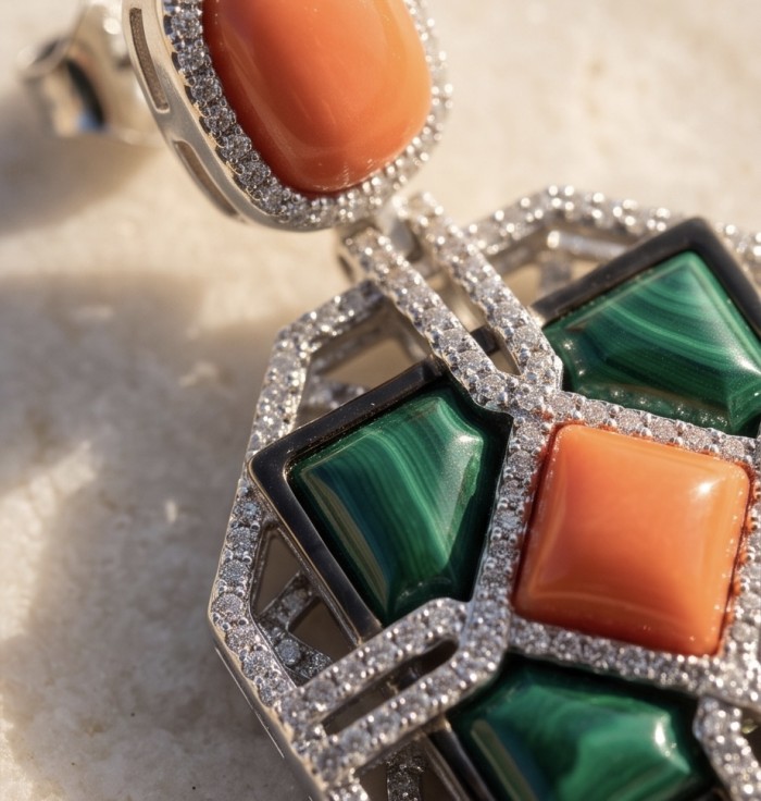 Art Deco Genuine Orange Fossilized Coral Malachite rhodium over .925 Sterling Silver handmade earrings - Close-up of Art Deco jewelry with coral and malachite stones.