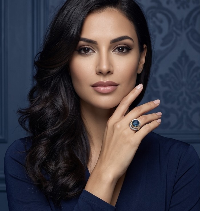 The Wheel of Time 12.8 carat authentic London Blue Topaz 18k Gold over.925 Sterling Silver handmade Statement Ring size 7 1/4 - Model wearing The Wheel of Time 12.8 ct London Blue Topaz ring.