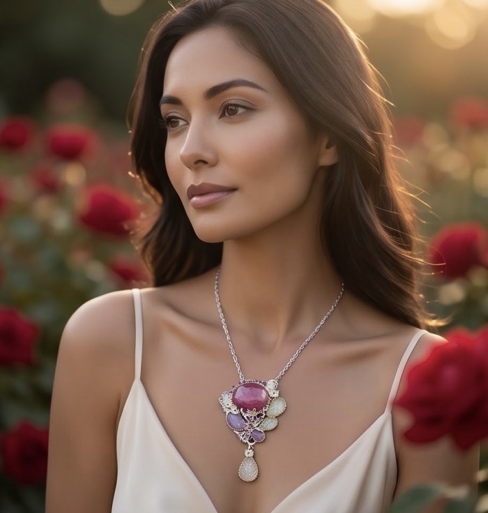Serenity Luxurious 81.5 carat natural Mozambique Ruby .925 Sterling Silver .925 Sterling Silver Statement Necklace - Woman wearing Serenity necklace with Mozambique Ruby, side view.