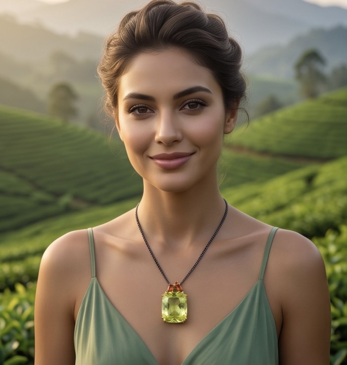 Outstanding 25.2 carat Lemon Quartz black rhodium over .925 Sterling Silver handcrafted Statement necklace - Woman wearing a 25.2 carat Lemon Quartz necklace in green landscape.