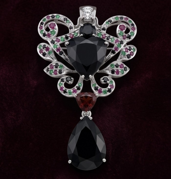 Marie Antoinette's Style 32.8grams natural Black Onyx Garnet .925 Sterling Silver dipped in Rhodium handmade LARGE Pendant - Brooch - Front view of ornate pendant with black onyx and garnet stones.