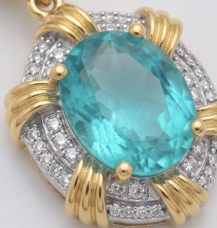 Real Treasure 21.5 carat Aquamarine 2 tones .925 Sterling Silver Handcrafted Earrings - Close-up of aquamarine pendant with gold accents and diamond details.