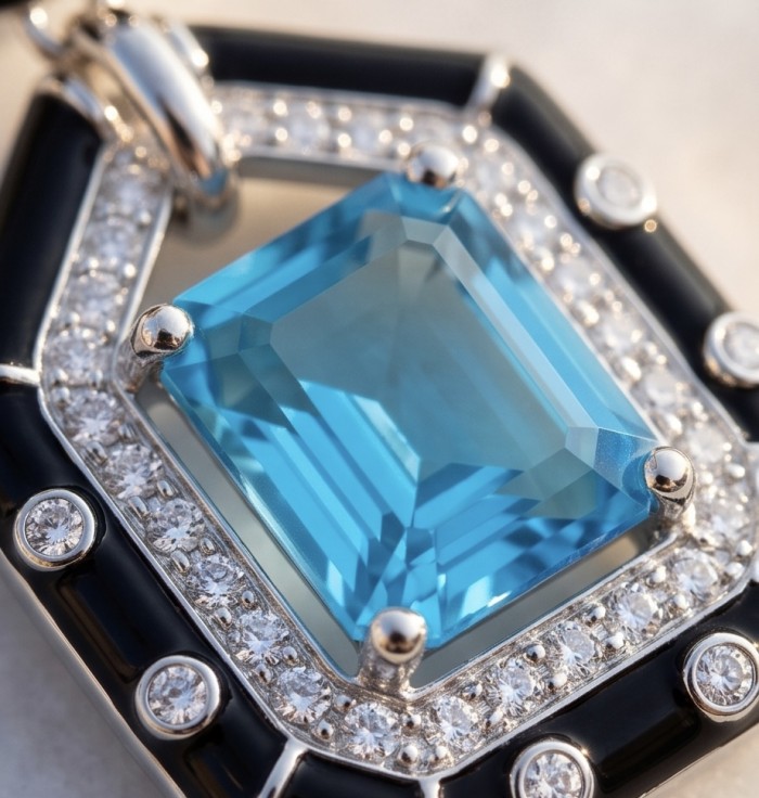 Art deco Magnificent Jewel 8.4 carat SWISS BLUE TOPAZ Black enamel .925 Sterling Silver dipped in RHODIUM handcrafted incredible earrings - Close-up of art deco jewel with 8.4 carat Swiss blue topaz stone.