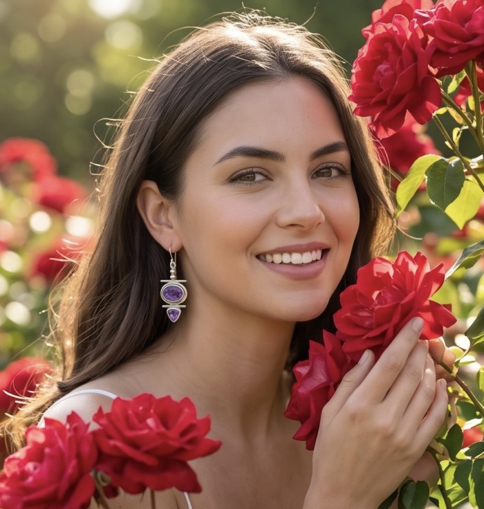Natural 7.6 carat fancy Amethyst .925 Sterling Silver handmade earrings - Woman wearing Amethyst earrings among red roses, close-up side view