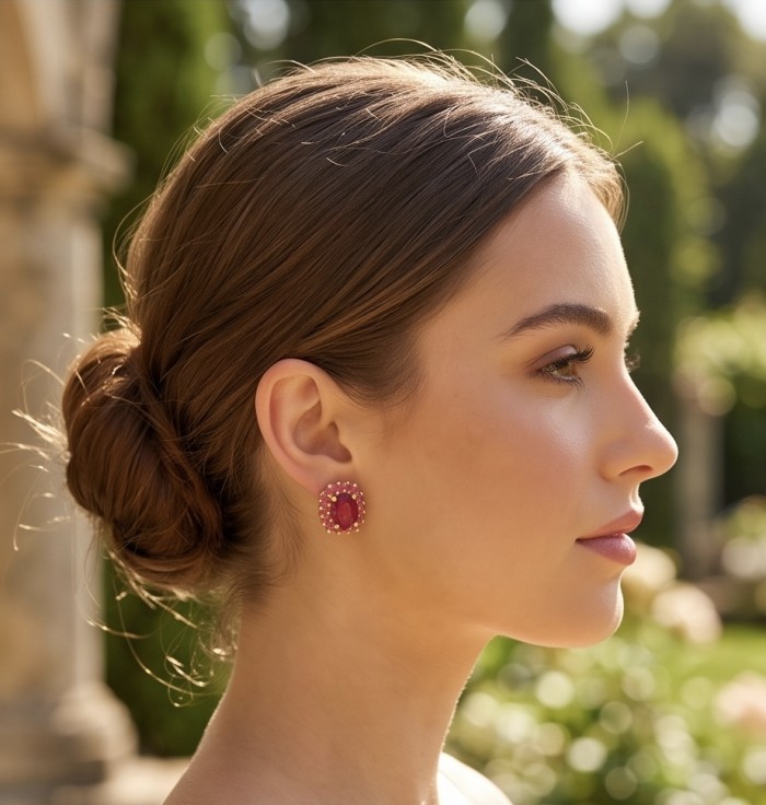 Natural 4.2 carat Mozambique Ruby .925 Sterling Silver dipped in 22K Gold Handcrafted Earrings - Side view of woman wearing natural Mozambique Ruby earrings.