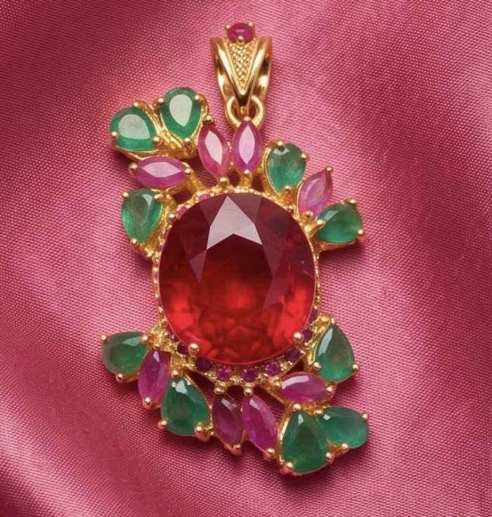 Abundant Blessings Genuine 22.5 carat Ruby 8.2 carat Emerald 18K Gold over .925 Sterling Silver handmade Pendant - Close-up of Ruby and Emerald pendant on pink fabric background.