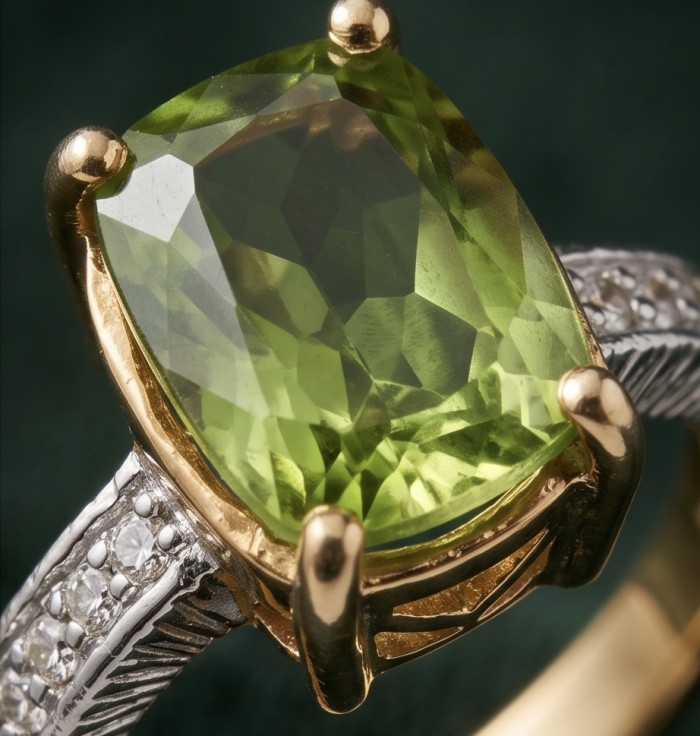 Real Beauty 8.2 carat Brazilian Peridot 18K Gold over .925 Sterling Silver Handcrafted Ring size 6 3/4 - Close-up of Brazilian peridot ring in gold with diamond accents