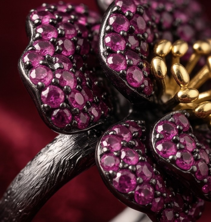 Rose Authentic 7.9 carat pave Kasmir Ruby .925 Sterling Silver brilliantly dipped in black rhodium 2 tones handcrafted Statement ring; s. 6 1/4 - Close-up of Kasmir Ruby flower design on sterling silver jewelry.