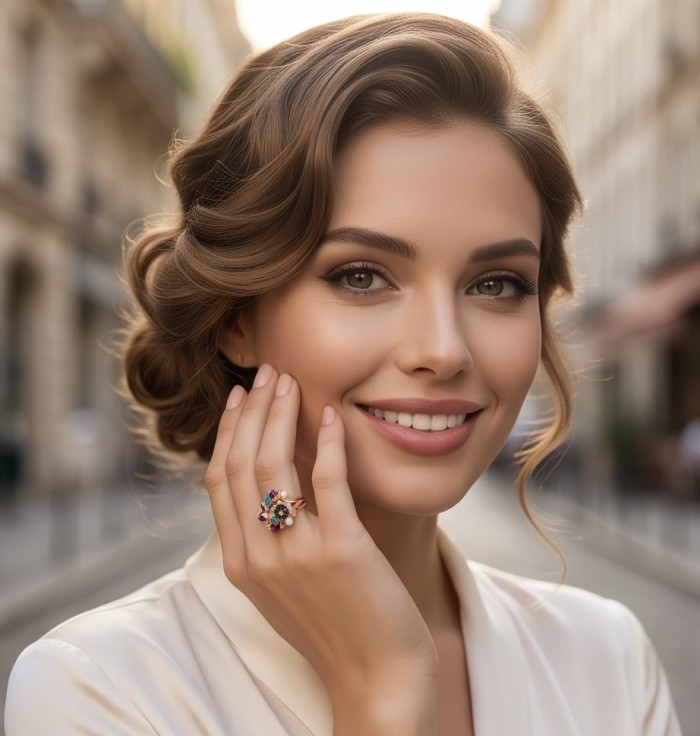 Masterpiece Authentic Pearl Enamel 18K Rose Gold over .925 Sterling Silver handcrafted Ring s. 9 - Ring with colorful gemstones, worn on hand, showcasing intricate design.