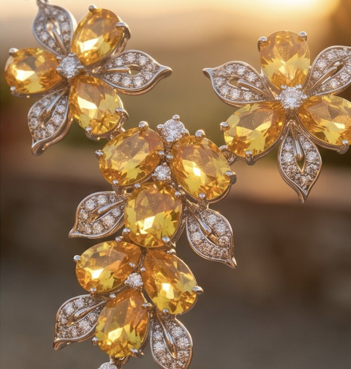 Francesca - Luxurious 65.5 carat Natural Citrine rhodium over .925 Sterling Silver handcrafted necklace - Close-up of Francesca citrine earrings with floral design in sunset.