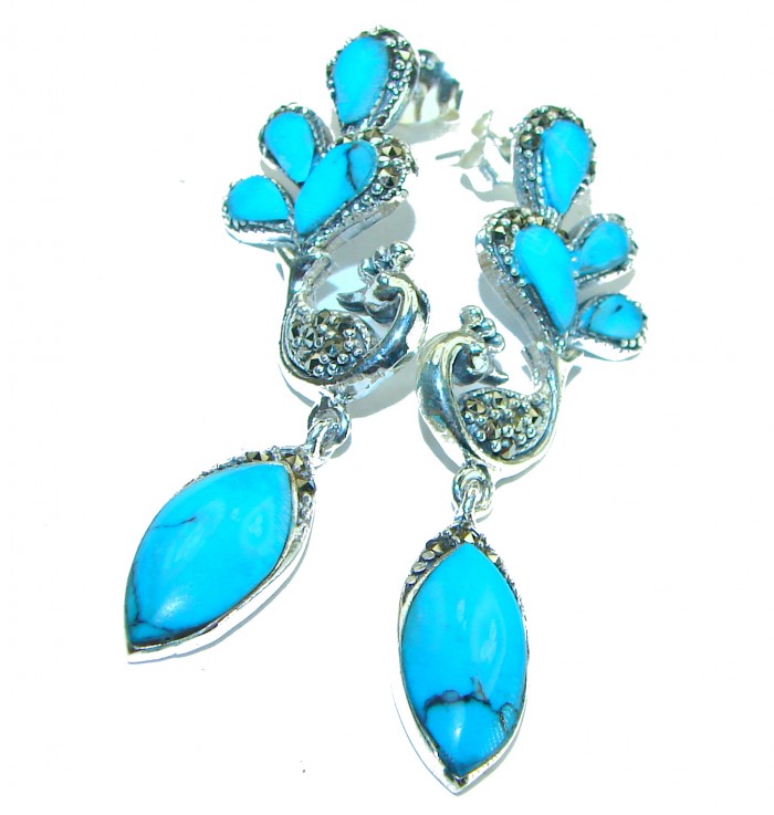 Great authentic inlay Turquoise .925 Sterling Silver handcrafted Earrings - photo 2