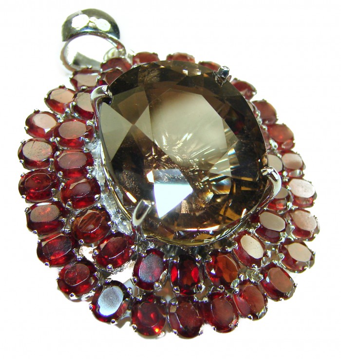 Authentic 45.5 carat carved Smoky Topaz Garnet .925 Sterling Silver handmade Statement Pendant - photo 4