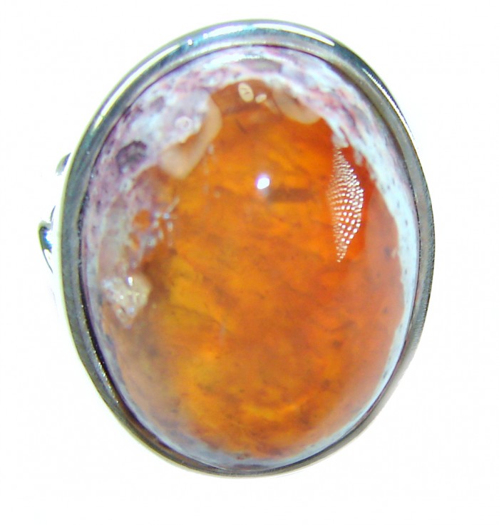 Queen of Fire best quality 10.4 carat Mexican Opal .925 Sterling Silver handmade ring 6 3/4 - Close-up of Queen of Fire 10.4 carat Mexican Opal ring in .925 silver.