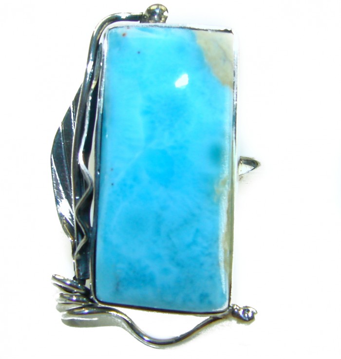Caribbean Beauty 42.5 carat Genuine Blue Larimar .925 Sterling Silver handmade LARGE ring size 7 adjustable - Close-up of Caribbean Beauty Larimar pendant with silver detailing