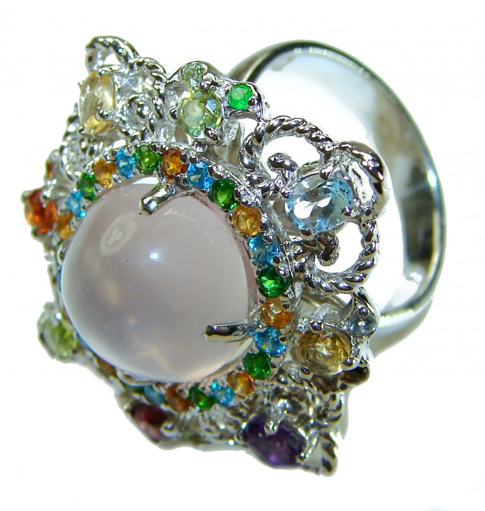 Celtic Spirit authentic fancy cut 11.5 carat Rose Quartz .925 Sterling Silver handcrafted Statement Ring s. 7 - Celtic Spirit ring close-up with 11.5 ct Rose Quartz and multicolor gems.