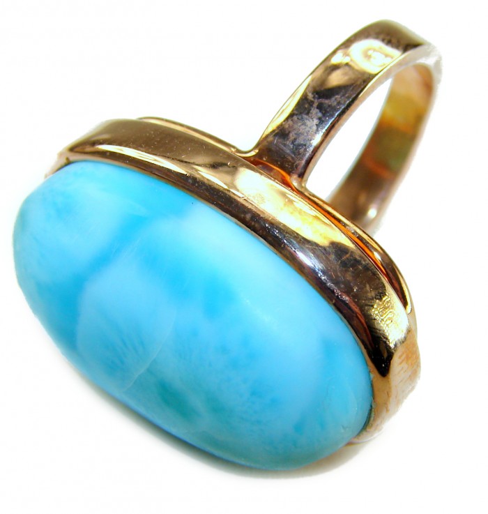 Blue Perfection AAAA QUALITY Blue Larimar 18K Gold over .925 Sterling Silver handmade Large ring size 8 adjustable - Blue Larimar ring in 18K gold, side view, stone close-up.