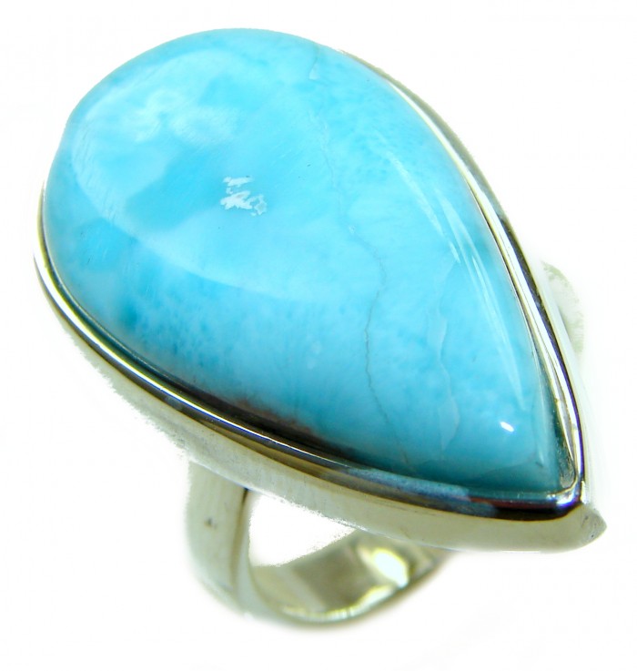 Blue Perfection AAAA QUALITY Blue Larimar .925 Sterling Silver handmade Large ring size 8 adjustable - Close-up of AAAA quality blue Larimar ring in sterling silver.