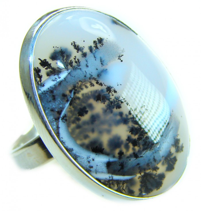 LARGE Top Quality Dendritic Agate .925 Sterling Silver handcrafted Ring s. 7 adjustable - Close-up of dendritic agate sterling silver ring.