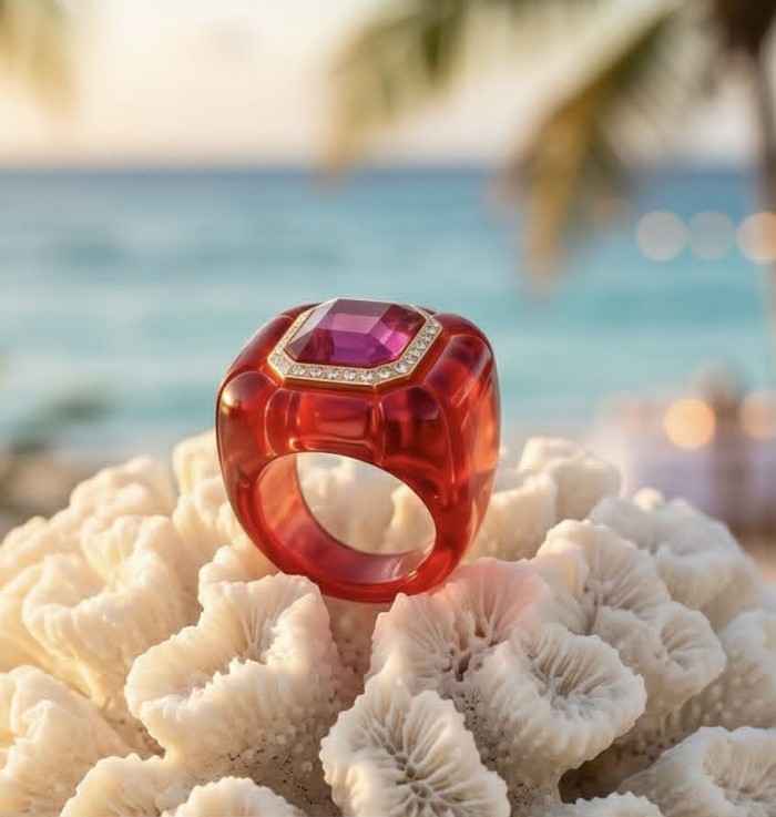 Candy Store - Modern Design Natural Red Raisin Pink Topaz .925 Sterling Silver ring size 8 - Candy Store ring on coral, side view, red resin with pink topaz centerpiece.