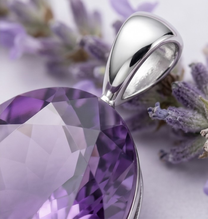 Neon Purple - Mademoiselle - 25.5 carat natural Purple Topaz .925 Sterling Silver dipped in rhodium handcrafted Pendant - Close-up of a 25.5 carat natural purple topaz pendant with lavender.