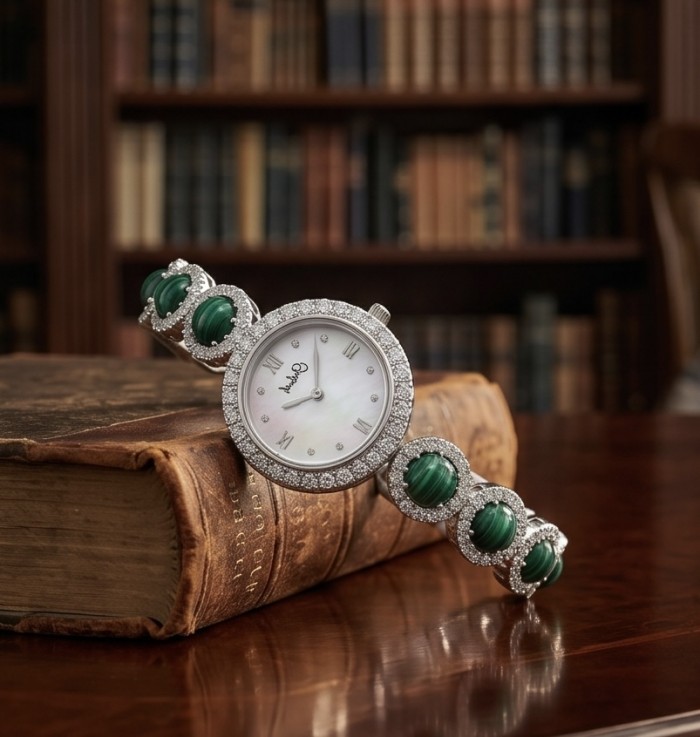 Precious Authentic Malachite .925 Sterling Silver handmade Bracelet Watch - Elegant watch on antique book with malachite and silver details