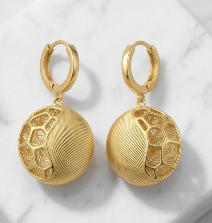 Dubai Style - Golden SPHERES .925 Sterling Silver dipped in 22K Gold handmade Large Earrings - Golden spherical earrings with hexagonal pattern, front view.