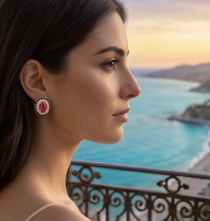 Born to Glam uthentic 3.2 carat Ruby 2 tones .925 Sterling Silver handcrafted earrings - Side view of woman wearing Born to Glam ruby earrings at sunset.