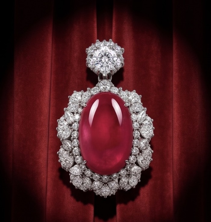 Giovanna 23.2 carat authentic Mozambique Ruby .925 Sterling Silver handmade Pendant - Close-up of Giovanna 23.2 carat Mozambique ruby pendant on red background