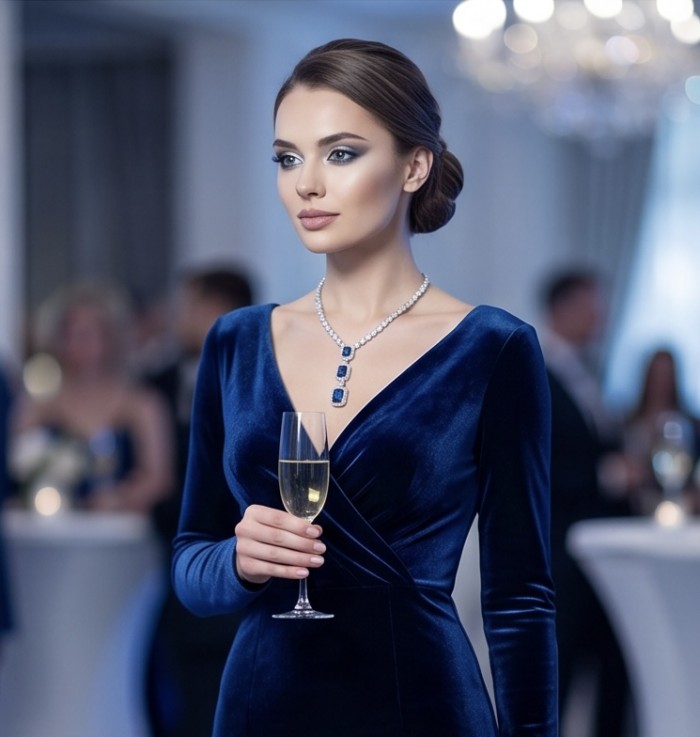 Ofelia - Authentic 10.5 CARAT natural Sapphire .925 Sterling Silver handcrafted necklace - Woman wearing Ofelia sapphire necklace at an elegant event.