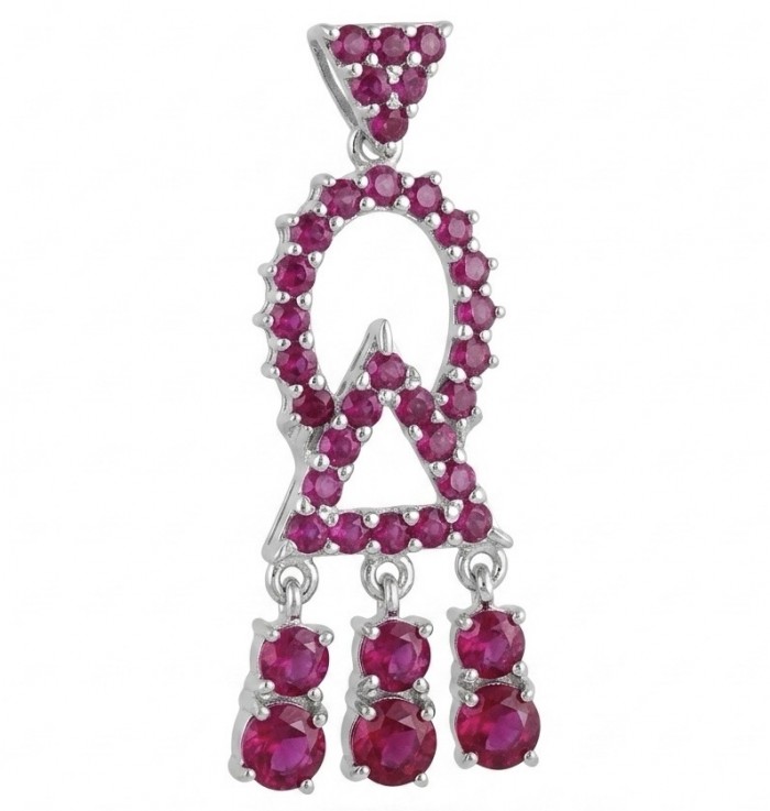 Precious - Art Deco 8.2 carat Ruby rhodium over .925 Sterling Silver handmade earrings - Front view of Art Deco ruby pendant with silver accents