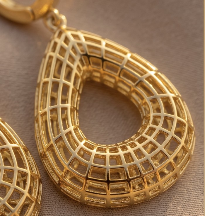 Dubai Style - Golden fancy Drops .925 Sterling Silver dipped in 22K Gold handmade Earrings - Close-up of golden drop earring with intricate lattice design