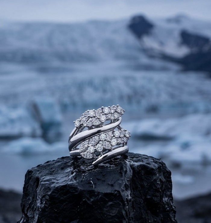 Luxurious - 7.2 carat White Topaz Sterling Silver handcrafted ring size 7 - Front view of white topaz silver ring on black rock, icy background.