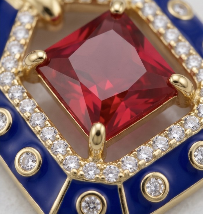 Art deco Magnificent Jewel 6.4 carat Ruby blue enamel .925 Sterling Silver dipped in 18K Gold handcrafted incredible earrings - Close-up of Art Deco ruby with blue enamel and diamond accents