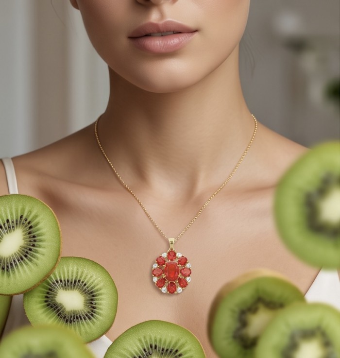 Giovanna 8.2 carat authentic Mozambique Ruby 18K Rose Gold over .925 Sterling Silver handmade Pendant - Necklace with ruby pendant worn by model, surrounded by kiwi slices.