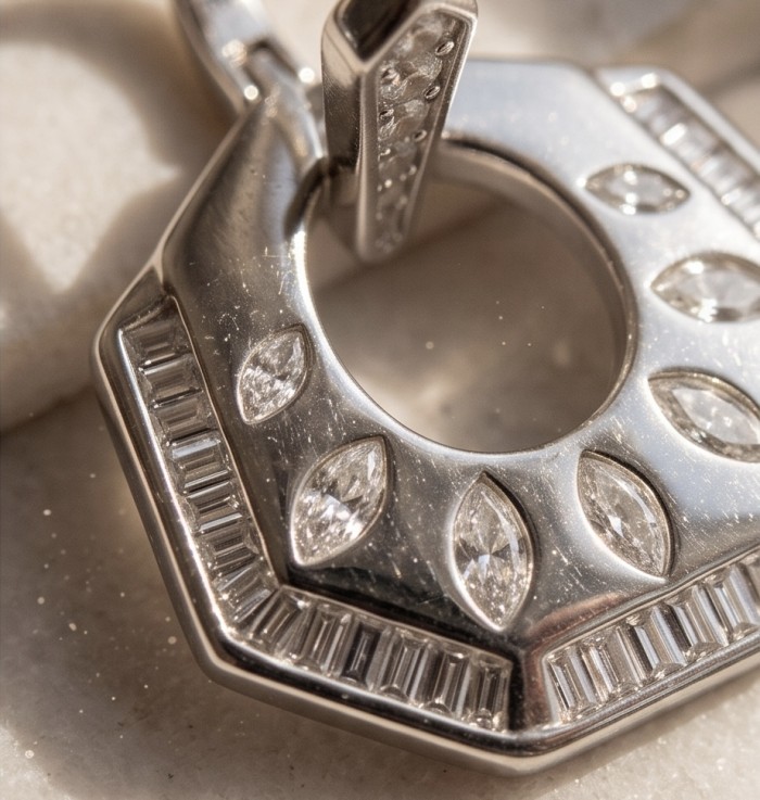 Modern design Natural 0.5 carat White Topaz .925 Sterling Silver handcrafted earrings - Close-up of modern white topaz pendant in sterling silver.