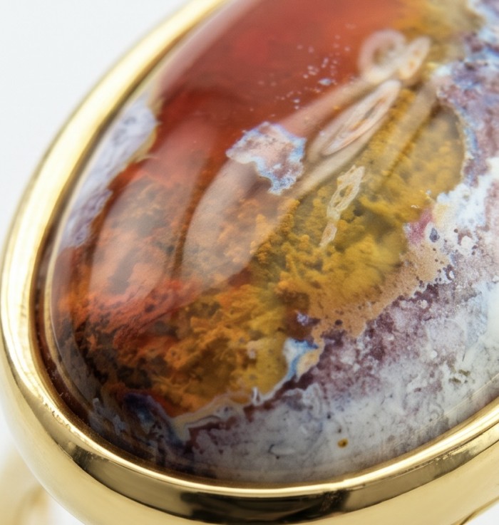 Bonfire Night best quality 21.4 carat Mexican Opal 18K Gold over .925 Sterling Silver handmade ring 8 - Close-up of Mexican Opal 18K Gold ring showing stone's vibrant colors.