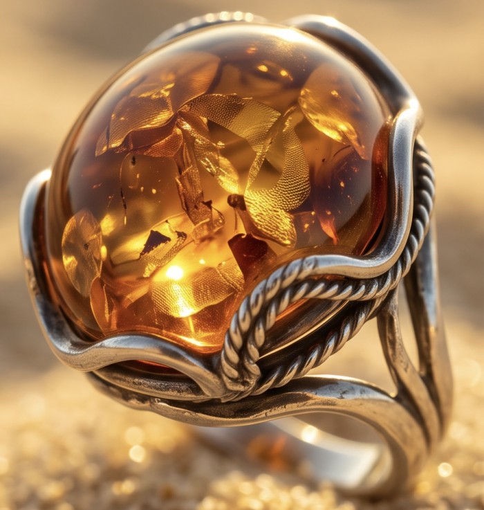 Serenity Natural GOLDEN Baltic Amber .925 Sterling Silver handmade Large Statement Ring size 7 - Close-up of Serenity Baltic Amber in sterling silver setting.