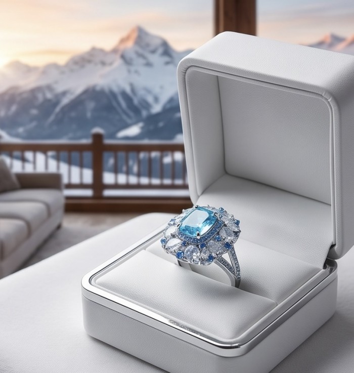 Paris Sky Blue 12.8 carat Swiss Blue Topaz .925 Sterling Silver dipped in rhodium handcrafted ring size 8 - Ring with Swiss blue topaz in open box, mountain view background.