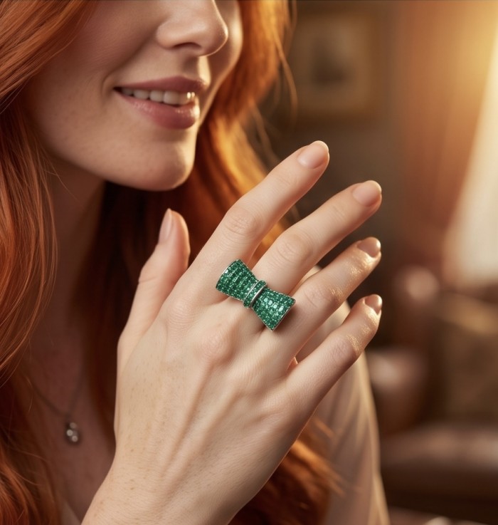 Precious Emerald bow- mystery setting authentic 16.2 carat Emerald .925 Sterling Silver Eternity Ring size 6 1/4 - Emerald bow ring worn on hand, showcasing mystery setting details.