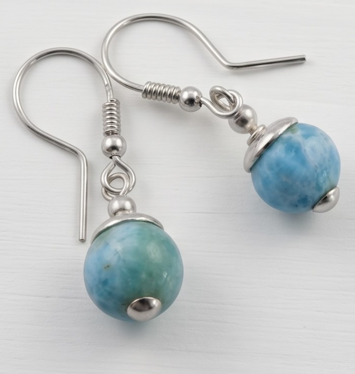 Caribbean Beauty Genuine 8.5 carat Blue Larimar .925 Sterling Silver handmade earrings - Blue Larimar earrings, side view, with silver hooks and caps