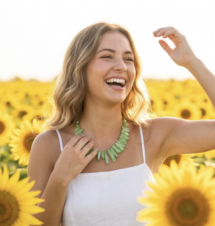 Mint-Green Halite Crystal Cluster .925 Sterling Silver handmade Necklace - Woman wearing mint-green halite crystal necklace in sunflower field.