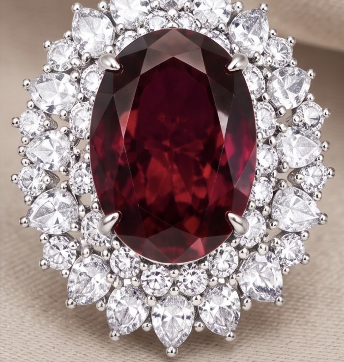 Luxurious 27.9 carat natural Garnet from The Umba Valley in Tanzania .925 Sterling Silver .925 Sterling Silver Statement Necklace - Close-up of luxurious 27.9 carat natural garnet encircled by diamonds.