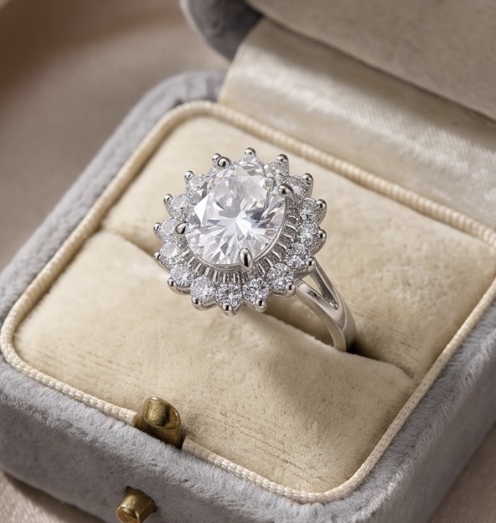 Real Beauty - 8.5 carat White Topaz .925 Sterling Silver Handcrafted Statement Ring size 7 1/4 - Sterling silver ring with white topaz in box, top view.
