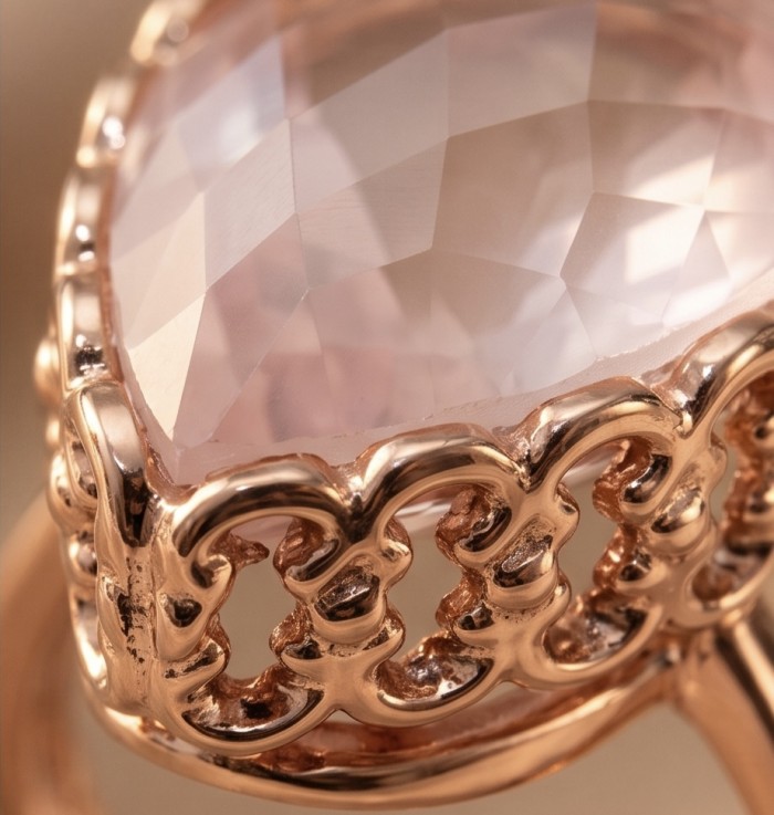 Top quality 22.2 carat Brazilian Rose Quartz .925 Sterling Silver dipped in 18K Rose Gold Handcrafted Ring size 8 - Stone close-up of Brazilian Rose Quartz in ornate rose gold setting.